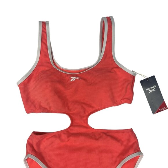 REEBOK Cutout Piping-Trim Tank One Piece Swimsuit Sz Small Neon Coral Monokini - Picture 4 of 9